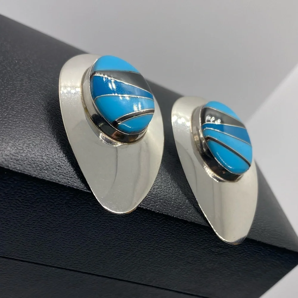 Sterling Silver Block Multi Stone Inlay Post Earrings SIGNED turquoise Navajo - Picture 14 of 16